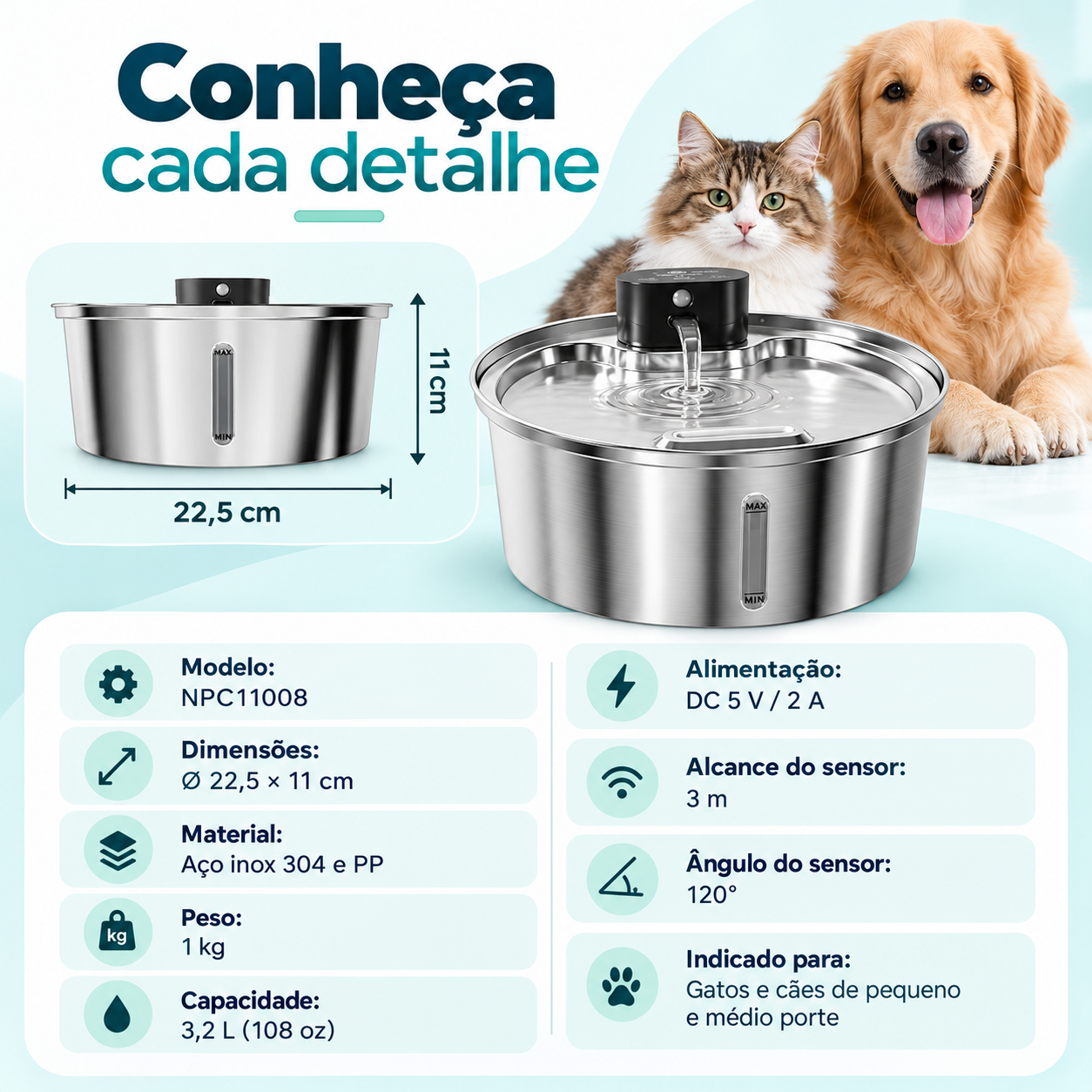 Fonte de água sem fio com sensor de presença em uso