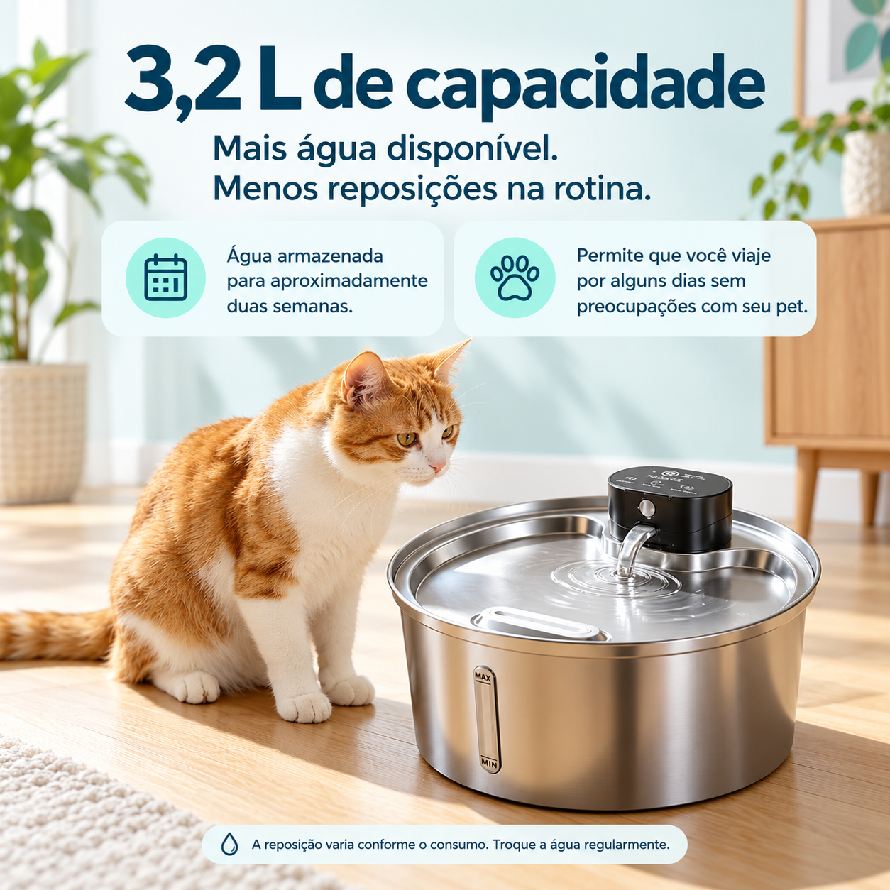 Fonte de água sem fio com sensor de presença em uso