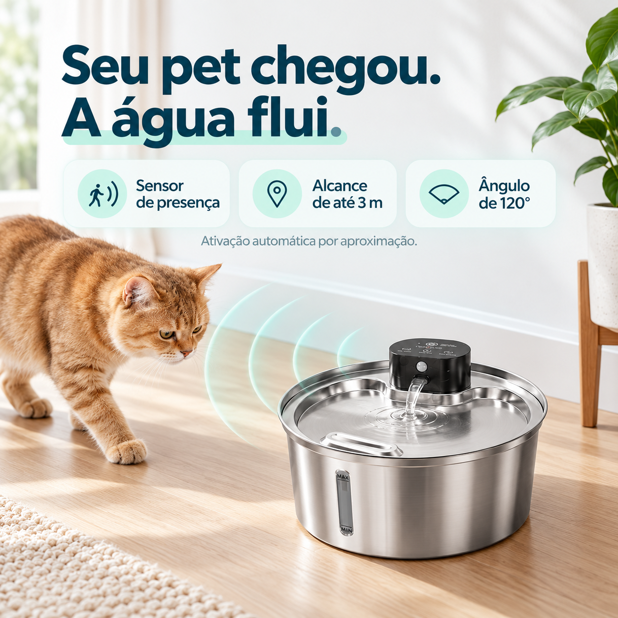 Fonte de água sem fio com sensor de presença para cães e gatos