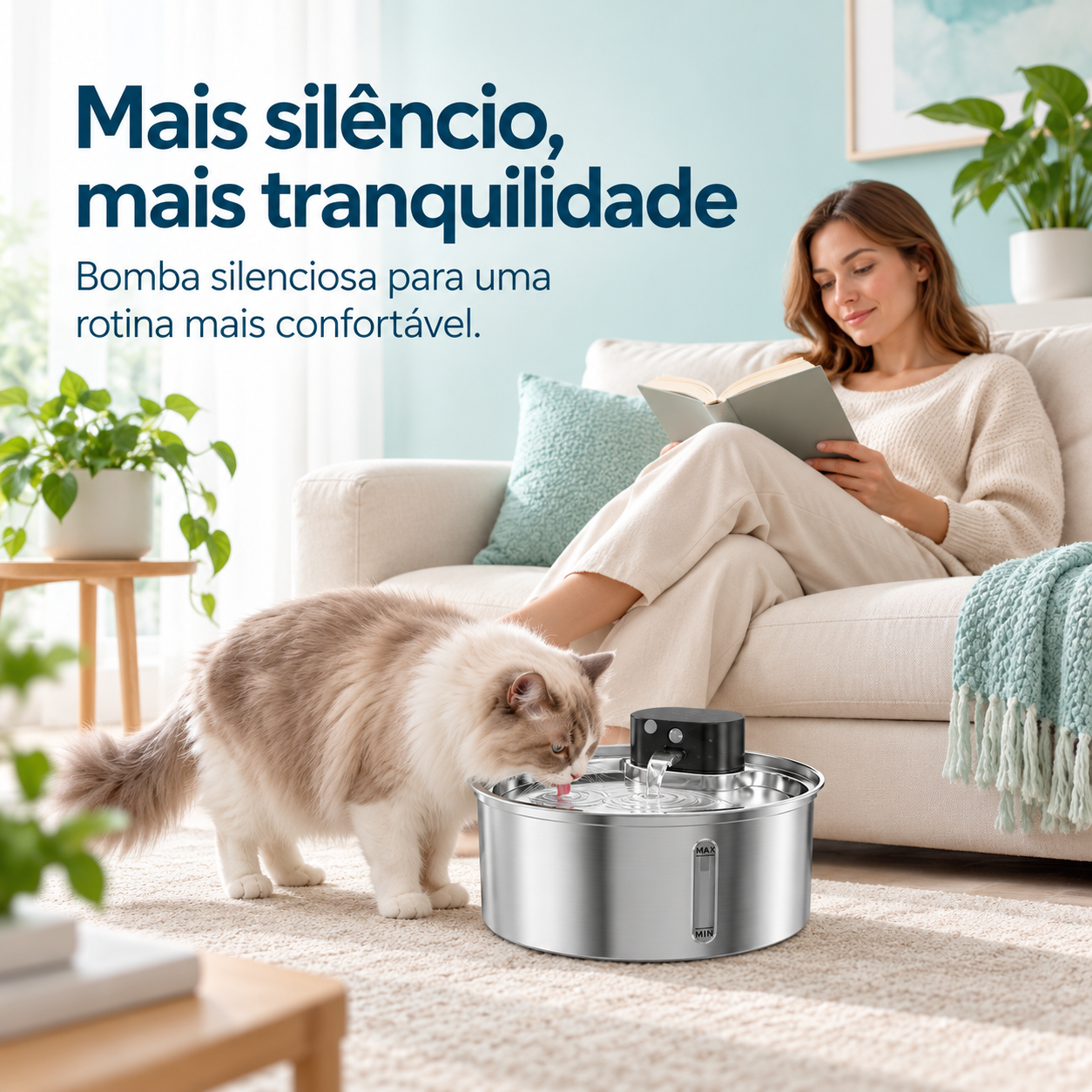 Fonte de água sem fio com sensor de presença em uso